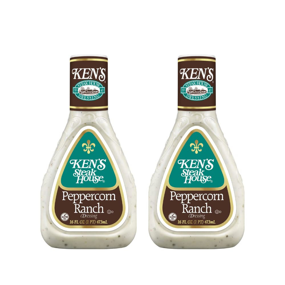 Ken's Steak House Peppercorn Ranch dressing bottle on a shelf, ideal for salads.