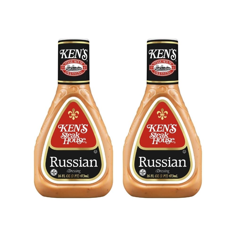 Ken's Steak House Russian Dressing two-pack bottles on kitchen counter for burgers.