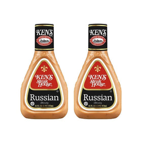 Ken's Steak House Russian Dressing two-pack bottles on kitchen counter for burgers.
