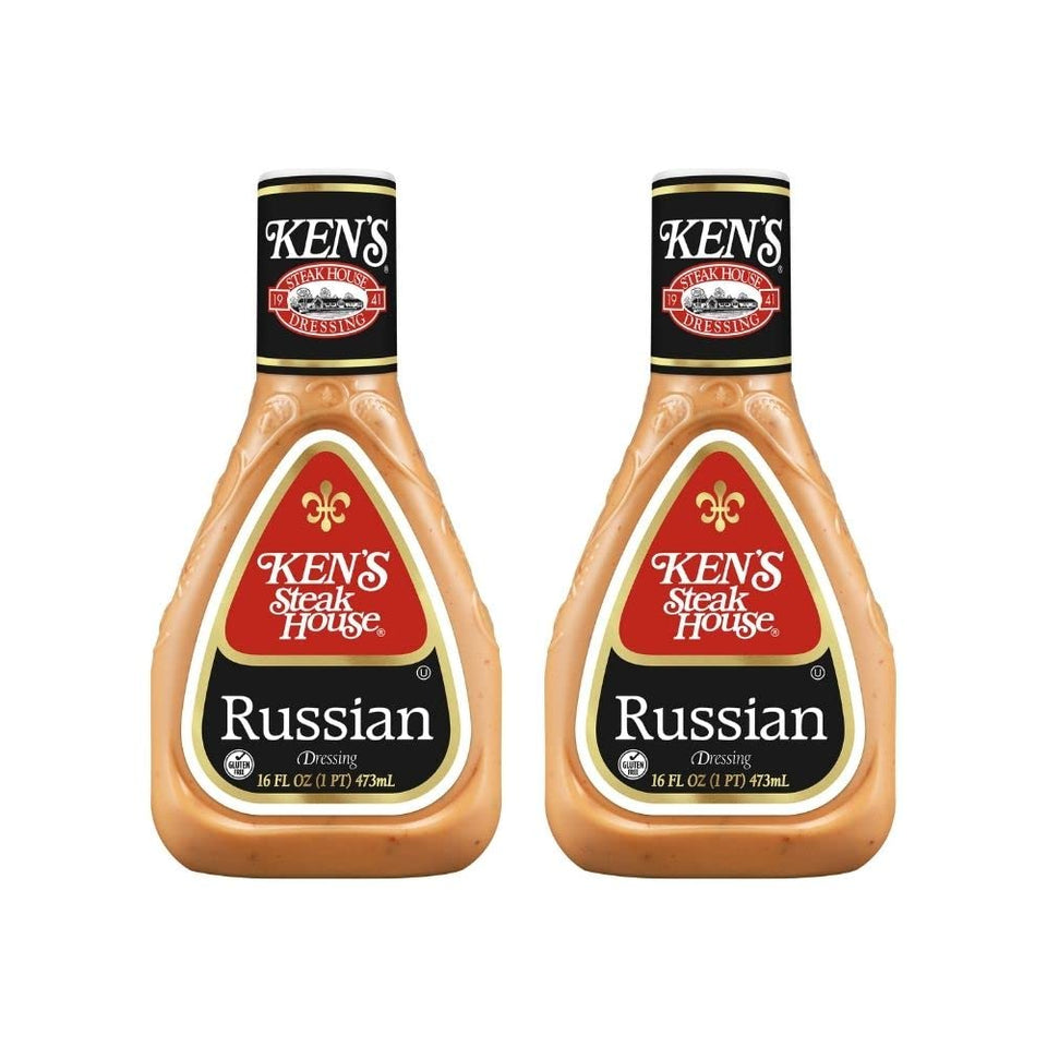 Ken's Steak House Russian Dressing two-pack bottles on kitchen counter for burgers.