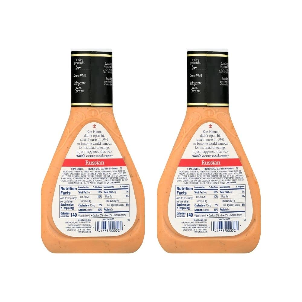 Label view of Ken's Russian Dressing two-pack bottles with bold branding.