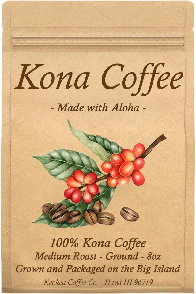 Keokea Coffee 100 Kona ground 8oz bag highlights premium aroma and easy brewing.
