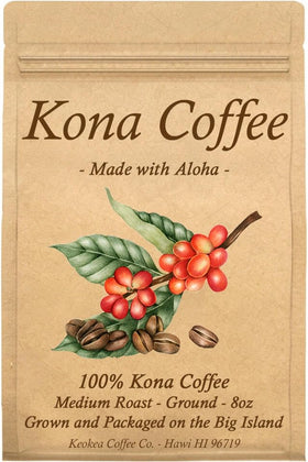 Keokea Coffee 100 Kona ground 8oz bag highlights premium aroma and easy brewing.
