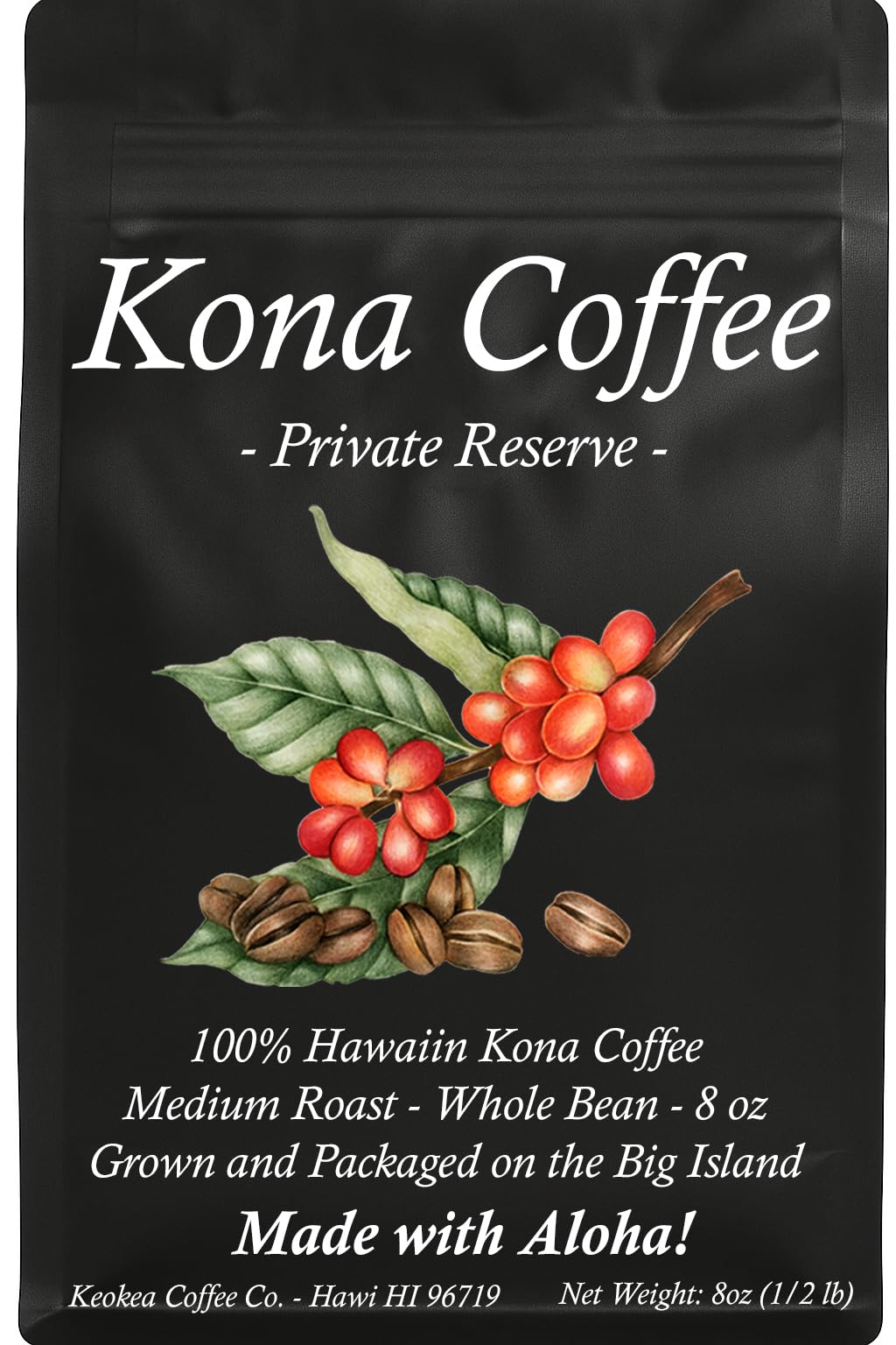 Keokea Coffee Co 100 Kona whole bean for rich home brewing.