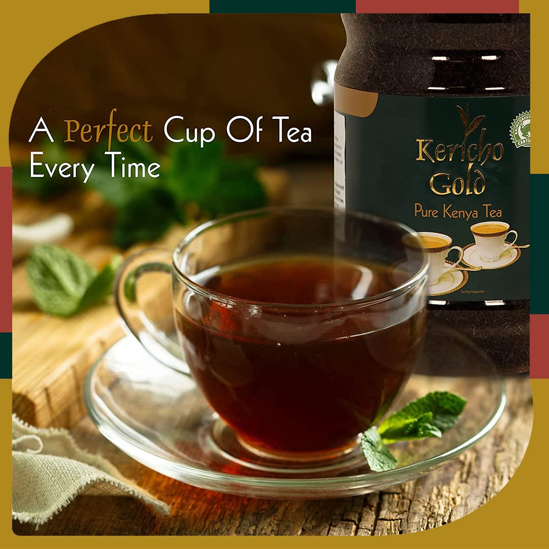Kericho Gold packaging highlights premium Kenyan tea quality.
