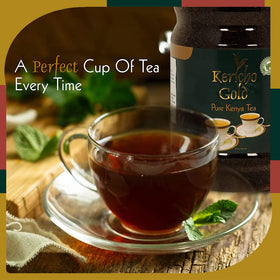 Kericho Gold packaging highlights premium Kenyan tea quality.