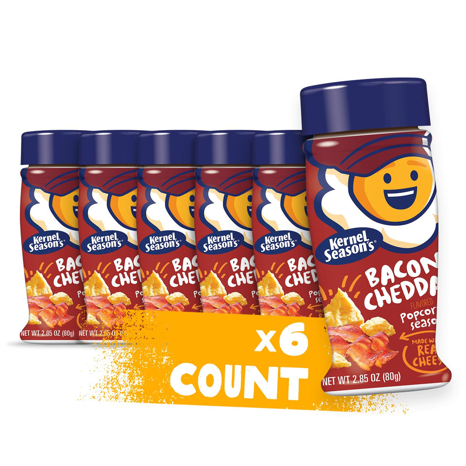 Kernel Season's Bacon Cheddar seasoning in a jar adds bold smoky cheese flavor.
