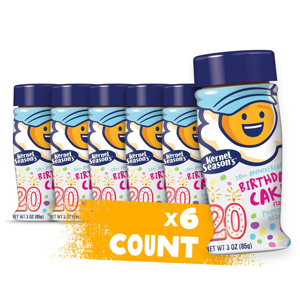 Kernel Seasons birthday cake popcorn seasoning six-pack packaging for party-ready snacks