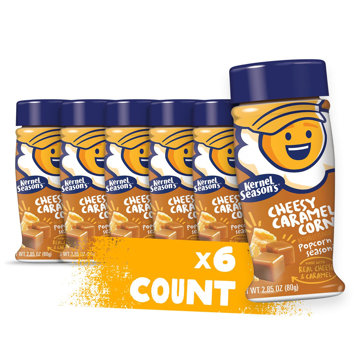 Kernel Season's cheesy caramel popcorn seasoning jar showing rich cheddar and caramel flavors for home snacks.