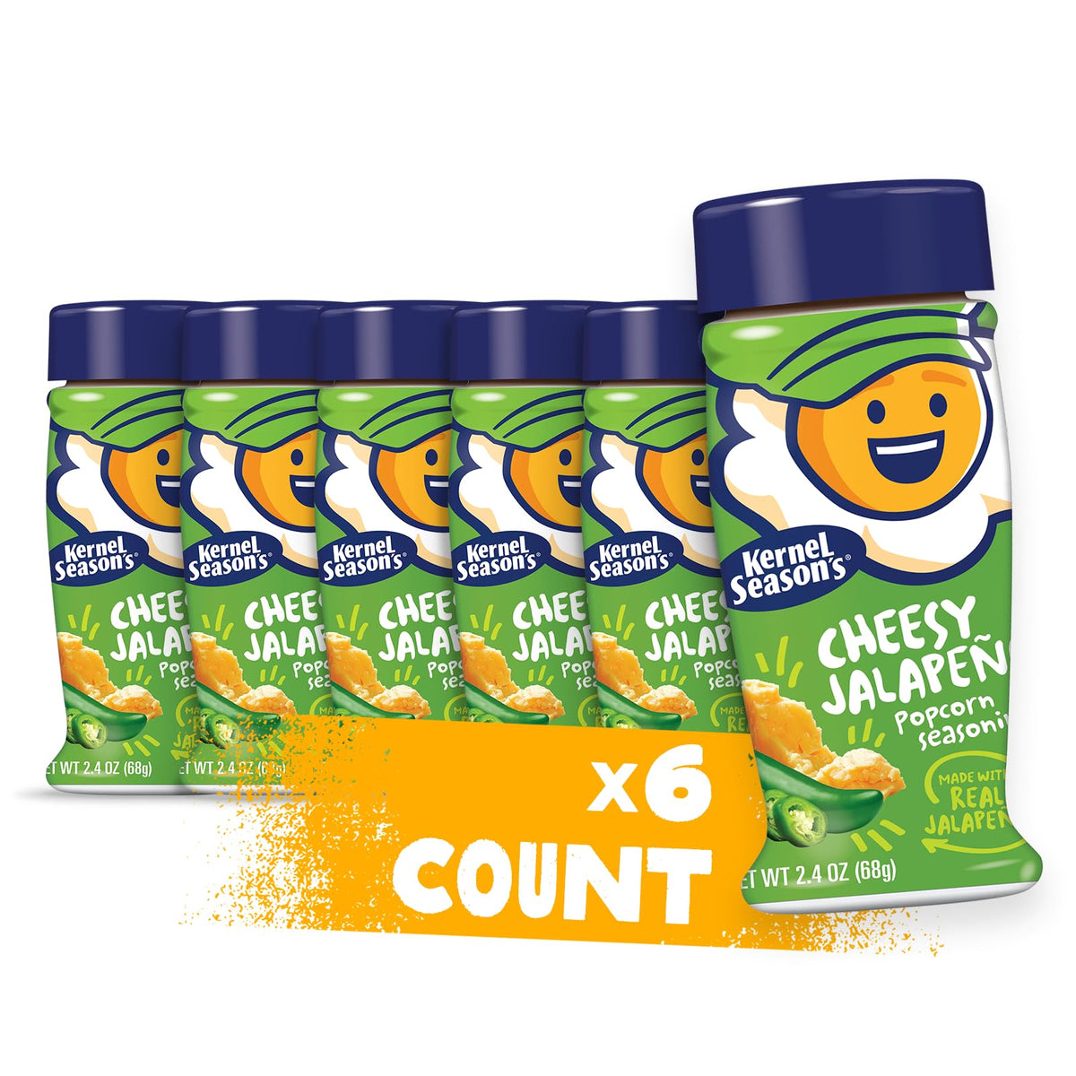 Kernel Seasons Cheesy Jalapeno seasoning bottle label highlights bold cheddar jalapeño flavor.