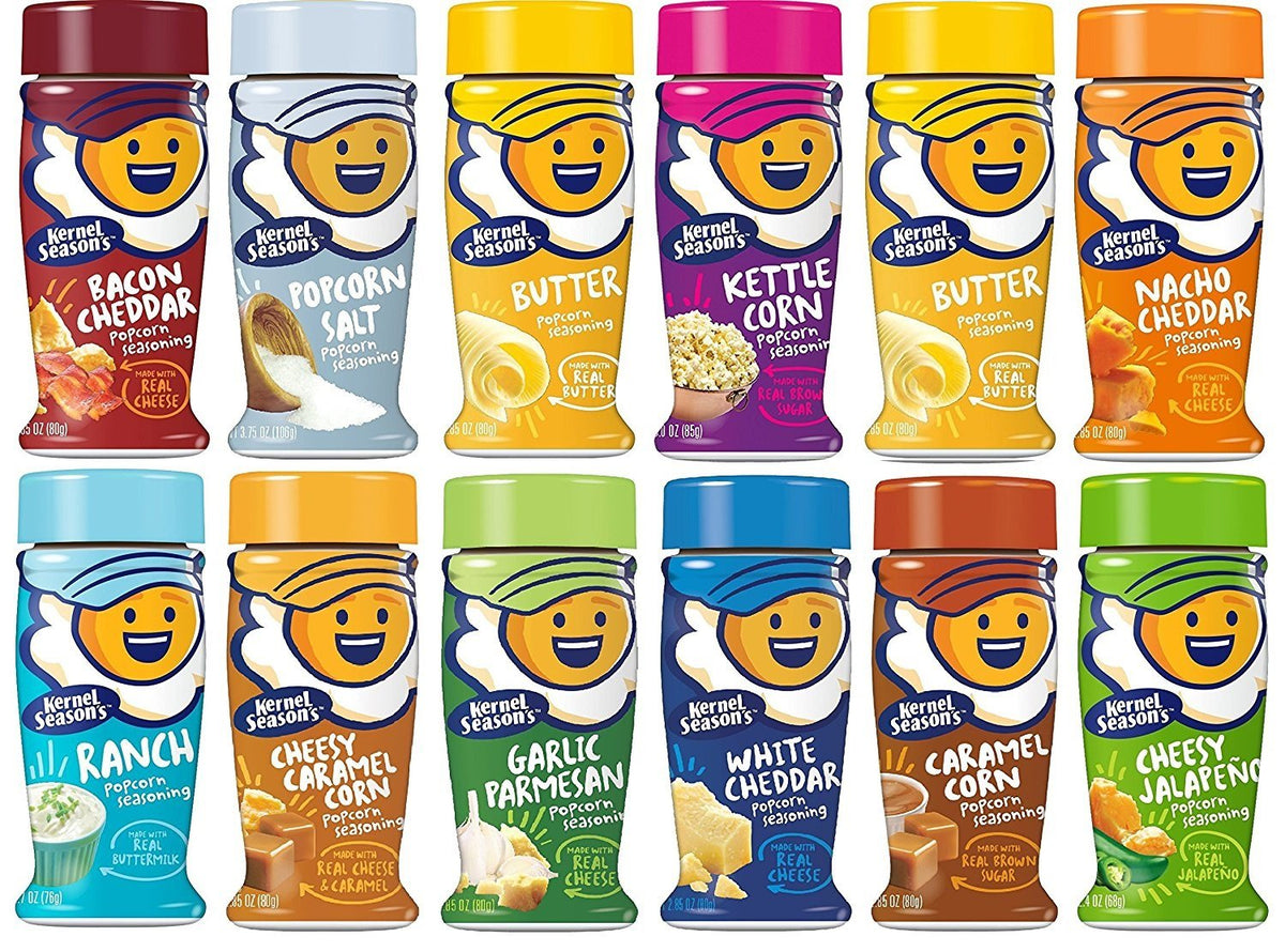 Kernel Season's complete seasoning kit with all 12 flavors on display for easy flavor exploration