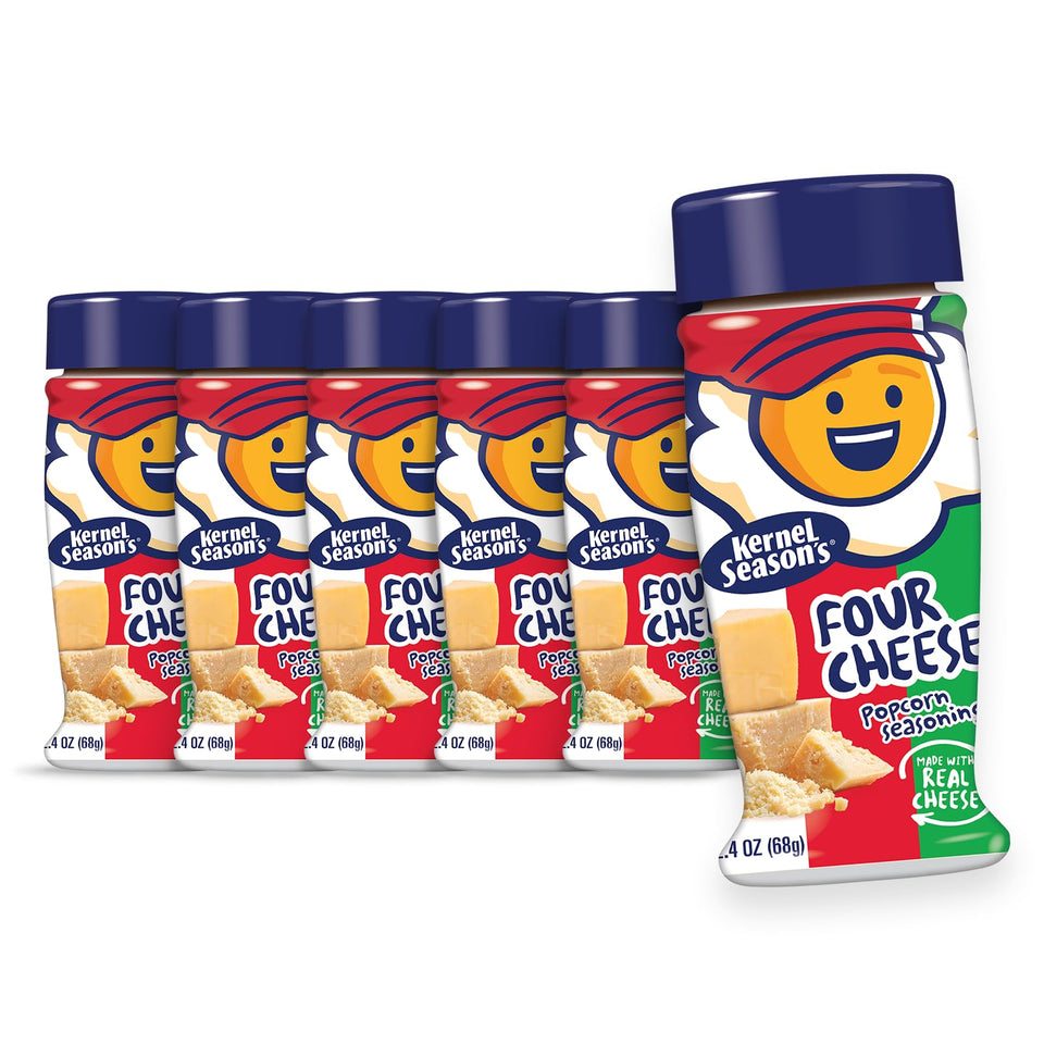 Kernel Season's Four Cheese popcorn seasoning bottle delivers rich flavor with real cheese.