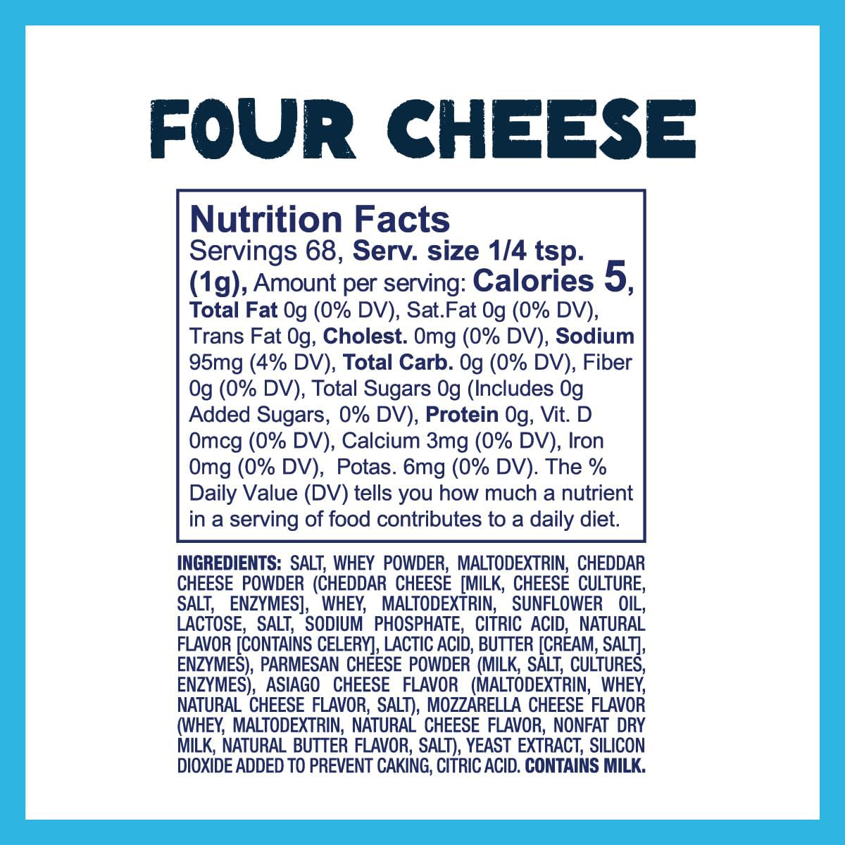 Kernel Season's Four Cheese popcorn seasoning jar boosts movie-night taste with Italian cheese blend.