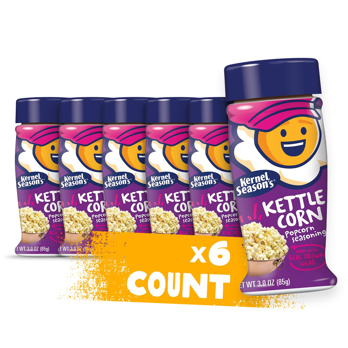 Kernel Season's kettle corn seasoning bottle pouring over popcorn for a guilt-free snack