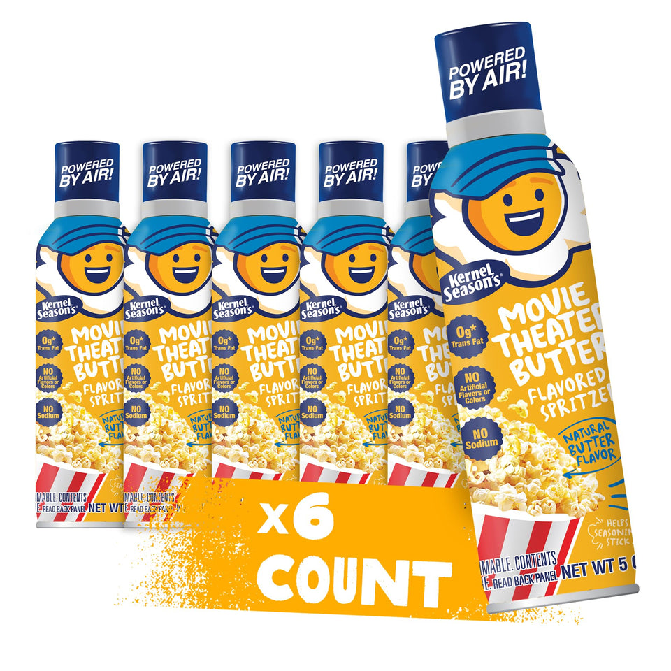 Kernel Season's Movie Theater Butter Spritzer bottle evenly seasons popcorn for balanced flavor.