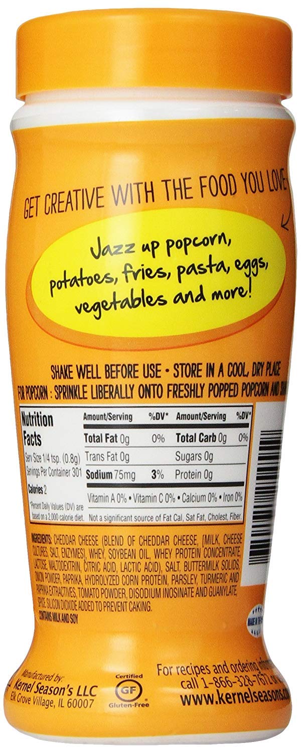 Kernel Season's Nacho Cheddar shaker-dispense bottle ready to sprinkle bold cheddar taste.