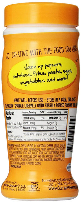 Kernel Season's Nacho Cheddar shaker-dispense bottle ready to sprinkle bold cheddar taste.