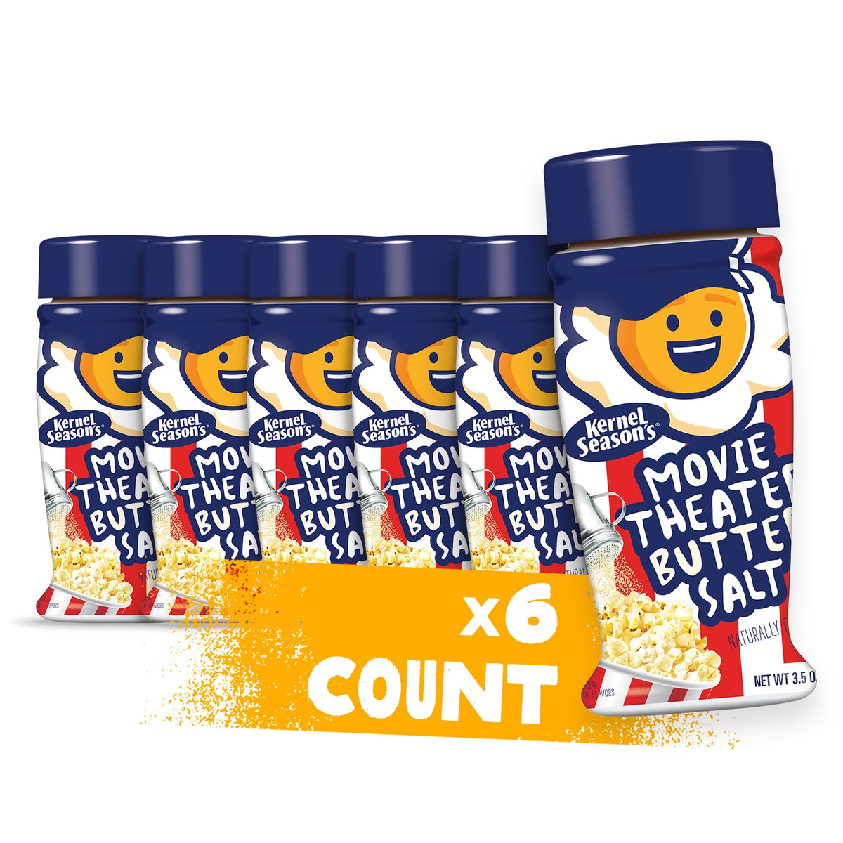Kernel Season's popcorn seasoning jar front with theater-style butter salt for popcorn.