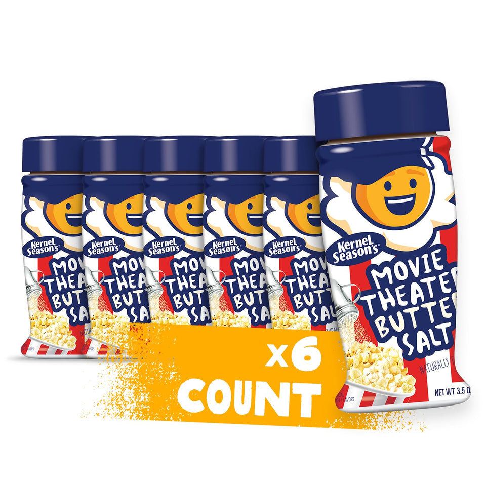 Kernel Season's popcorn seasoning jar front with theater-style butter salt for popcorn.