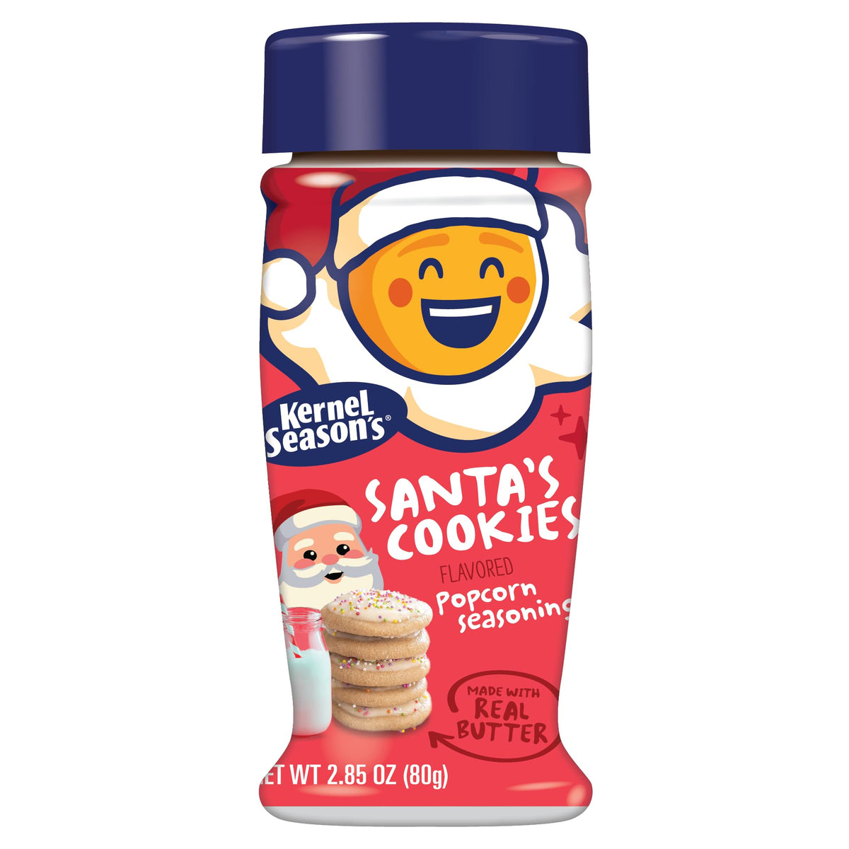 Kernel Season's Santa's Cookies seasoning shown with popcorn bowl and holiday vibes.