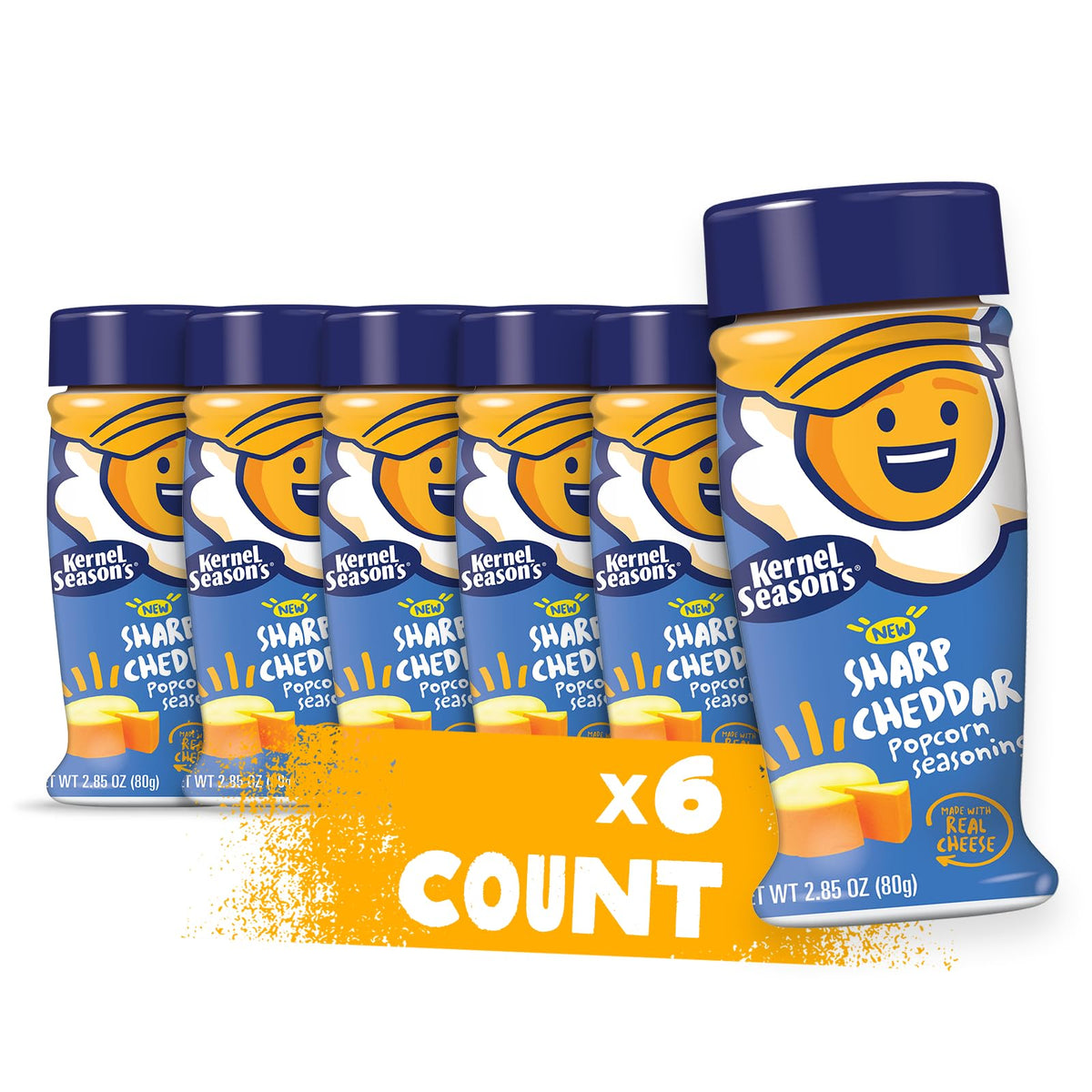 Kernel Season's Sharp Cheddar popcorn seasoning jar enhances popcorn with real cheese flavor