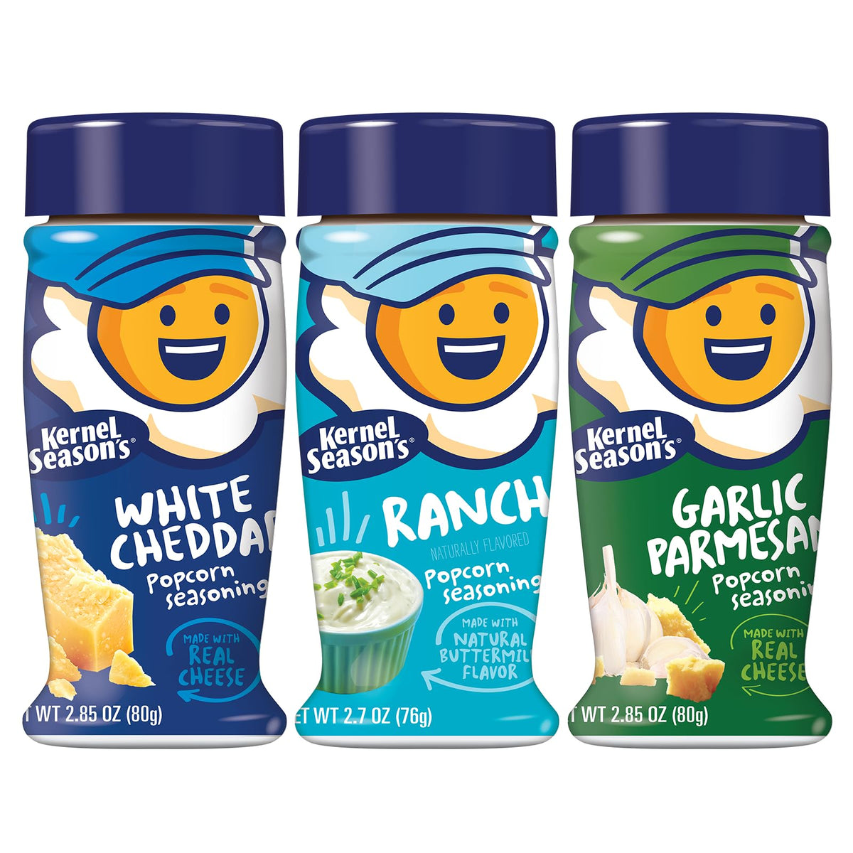 Kernel Season's White Cheddar bottle pouring on popcorn for bold flavor.