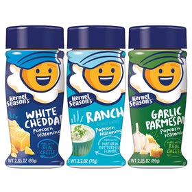 Kernel Season's White Cheddar bottle pouring on popcorn for bold flavor.