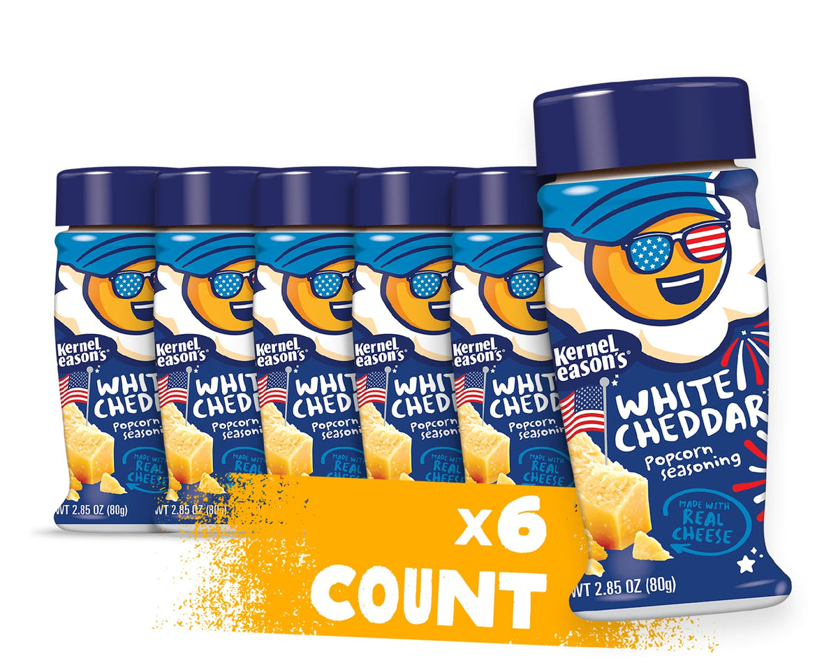 Kernel Season's White Cheddar popcorn seasoning jar closeup showing bold flavor.