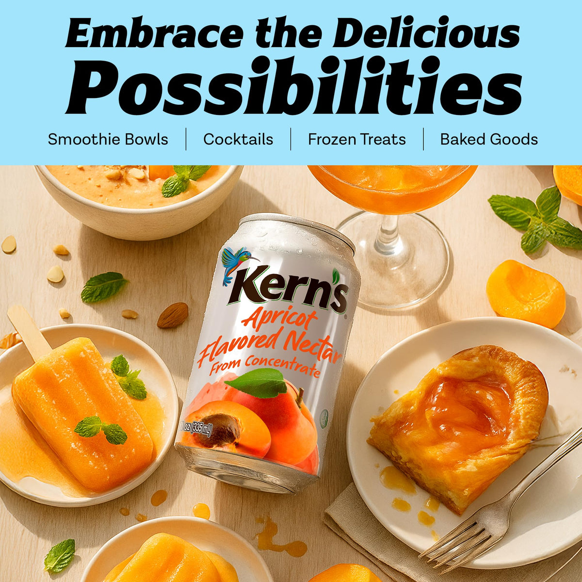 Kern's Apricot Nectar cocktail-mixer image suggests versatile drink base for mocktails
