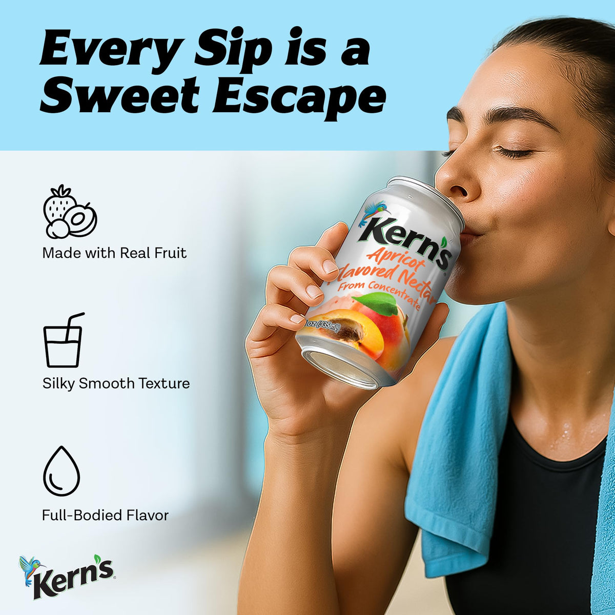Kern's Apricot Nectar fresh-puree texture close-up highlights thick, satisfying nectar