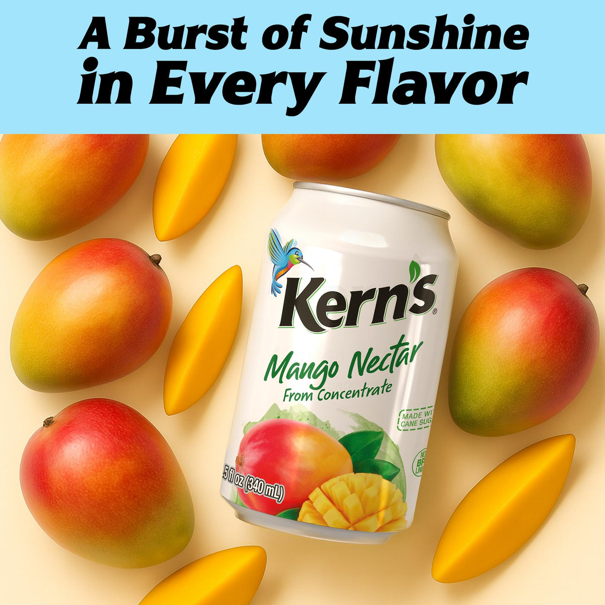 Kern's Mango Nectar 24-pack on pantry shelf for easy refreshment.