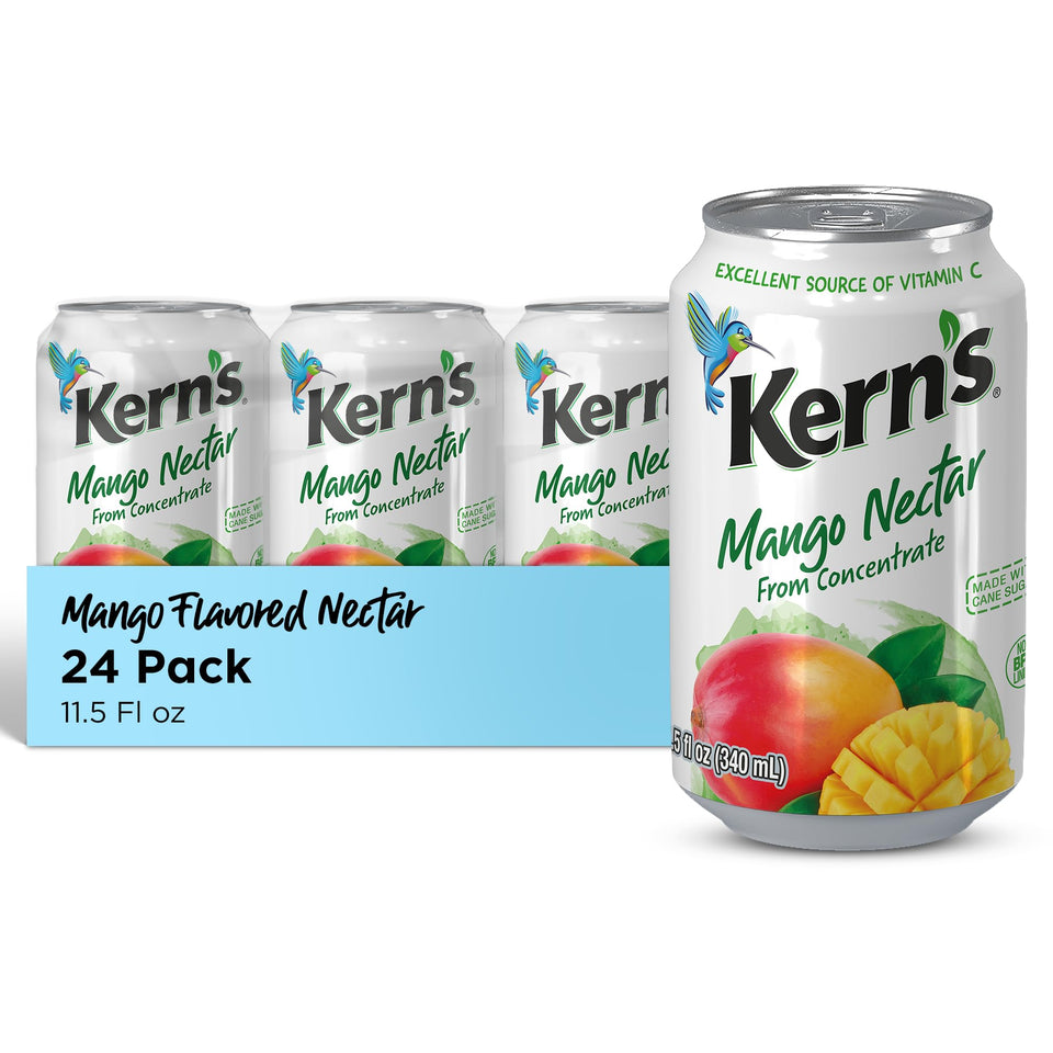 Kern's Mango Nectar bottle closeup showing rich puree for bold flavor.