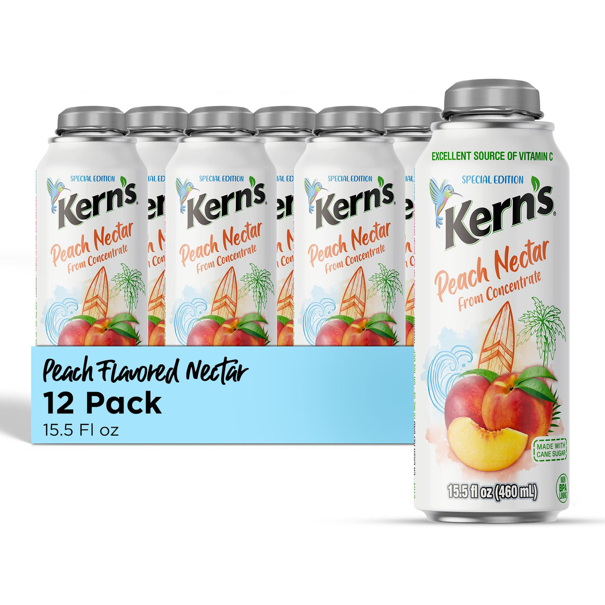 Kern's Peach Nectar can and bottle on kitchen display, ideal for quick family drinks