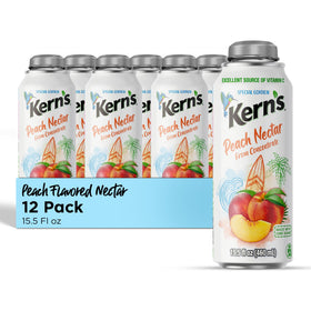 Kern's Peach Nectar can and bottle on kitchen display, ideal for quick family drinks