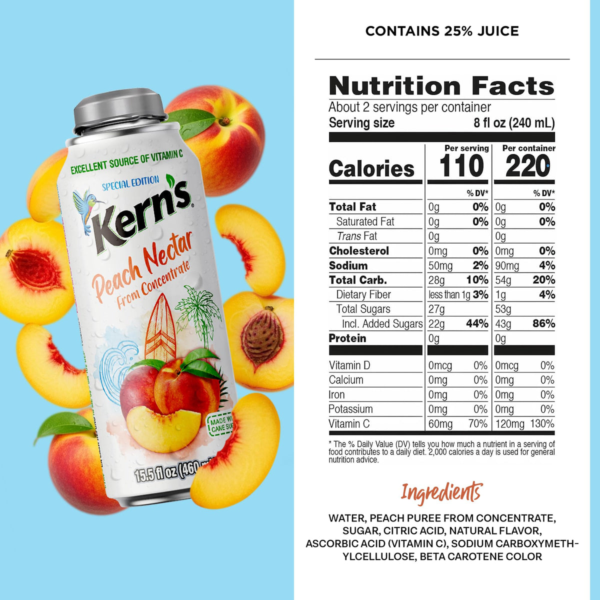 Kern's Peach Nectar close-up featuring peach puree swirl for rich smoothies