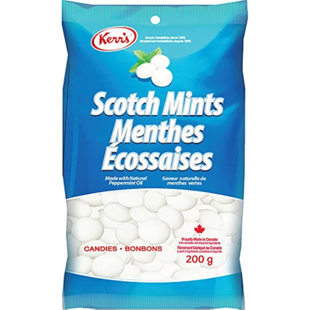 KERR'S Scotch Mints 200g sealed pack with refreshing peppermint aroma.