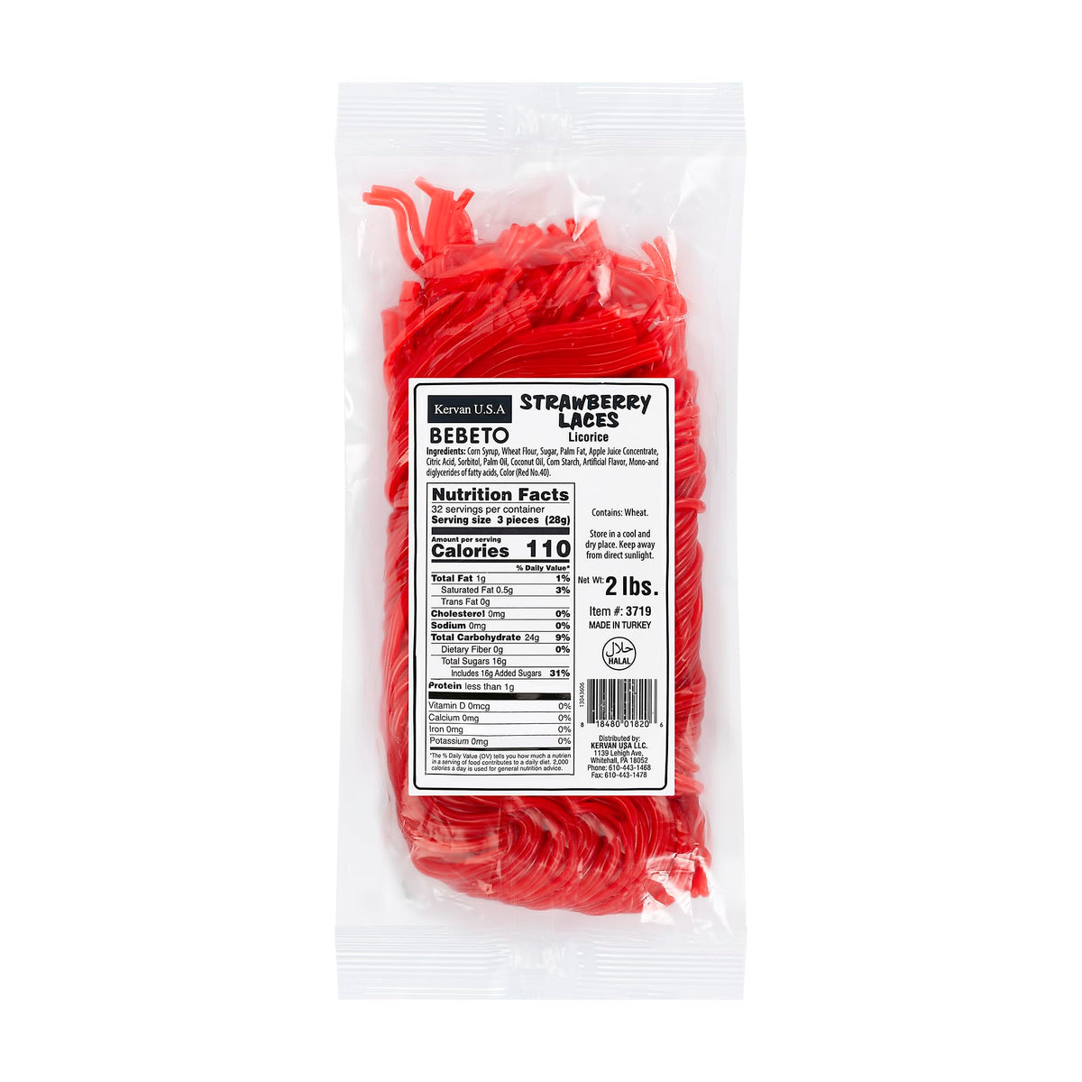 Kervan Bebeto strawberry licorice laces in red shoestring form ideal for cake decorating.