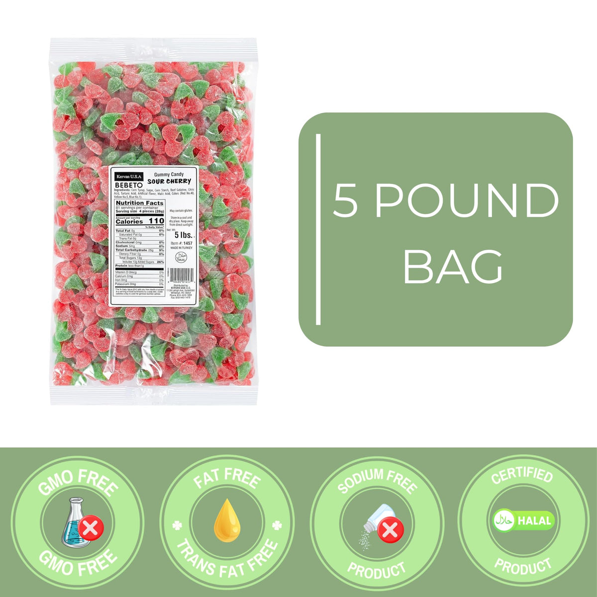 Kervan Bebeto Sour Cherry gummies texture-closeup reveals tangy sour sugar coating.