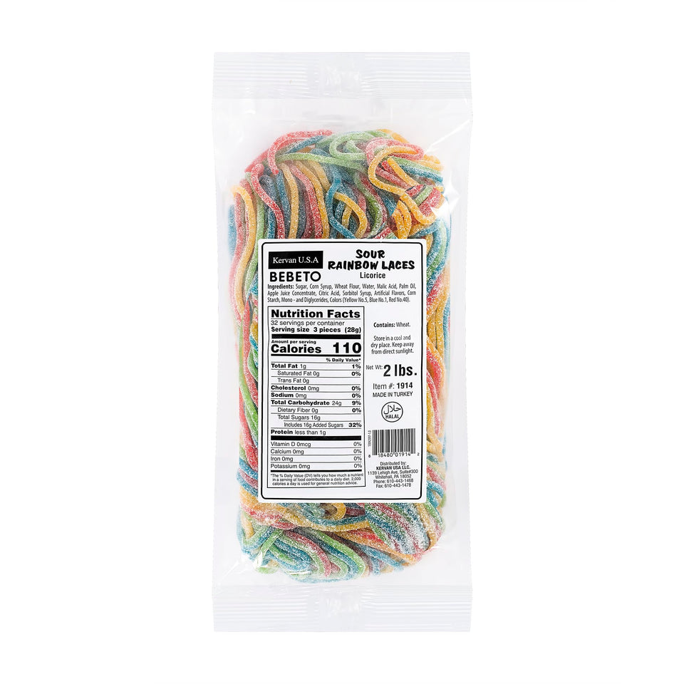 Kervan Bebeto sour rainbow licorice laces pack showing vibrant colors for decorating