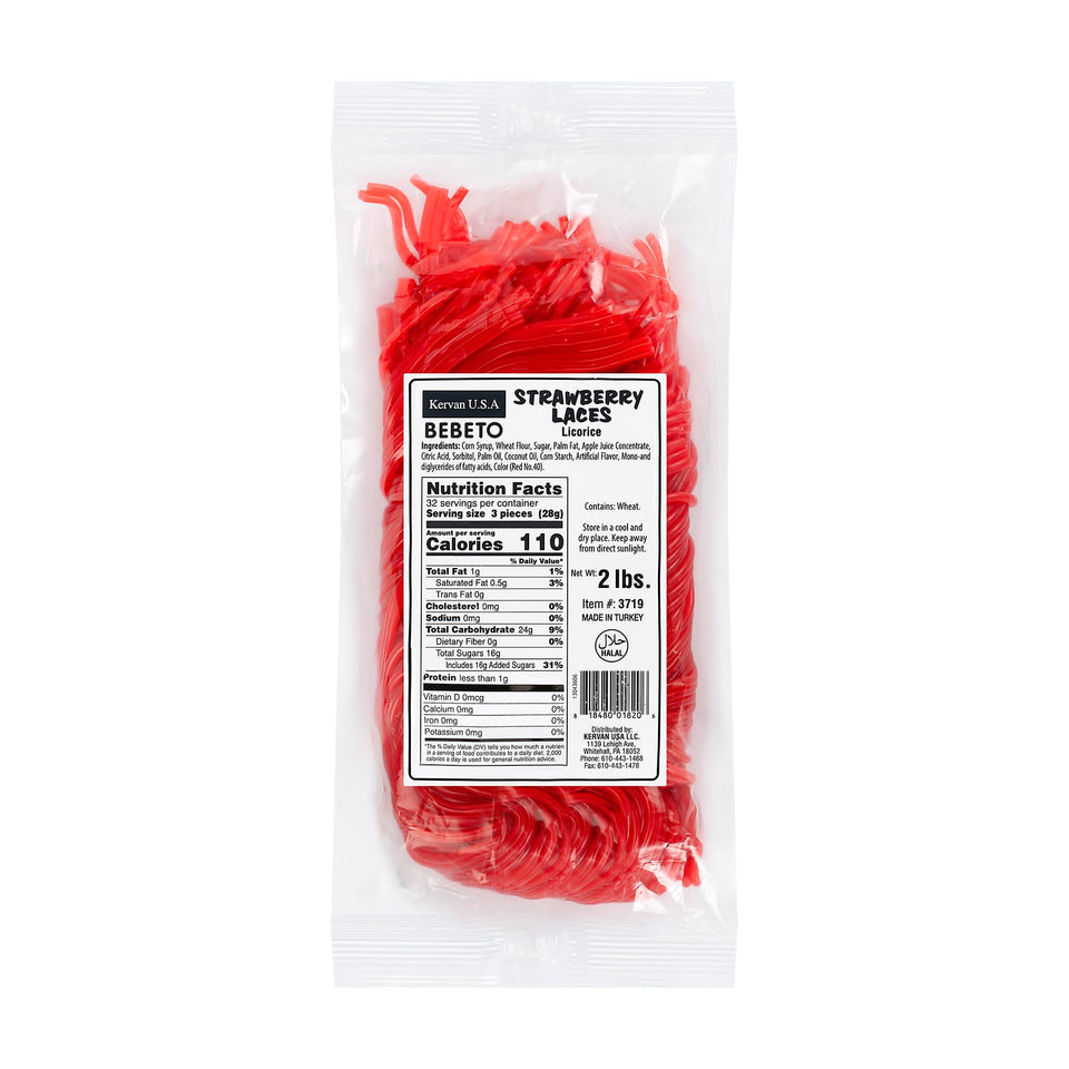 Kervan Bebeto Strawberry Licorice Laces packaging highlights freshness and resealable bag for storage.