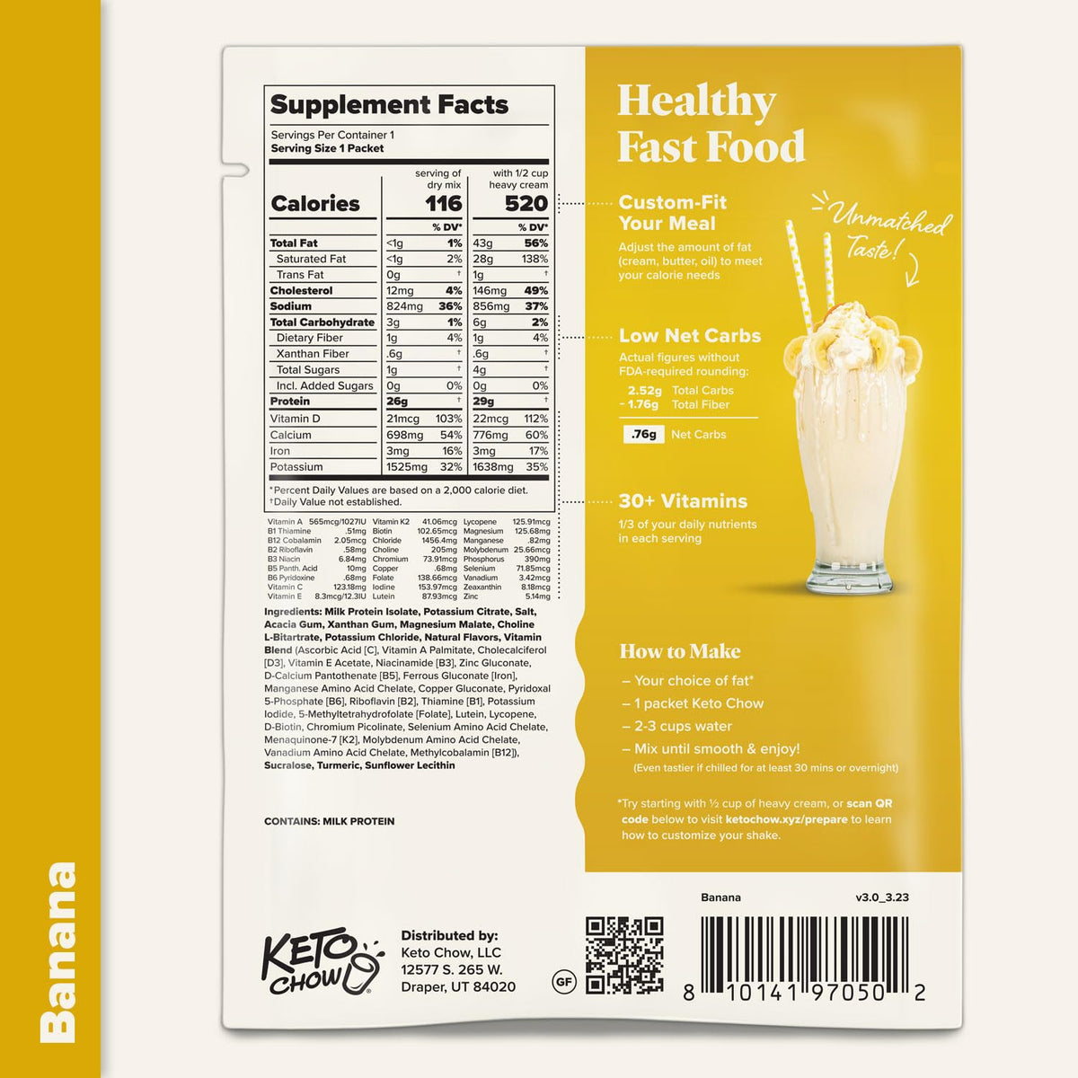 Keto Chow banana meal shake packaging close-up with branding.