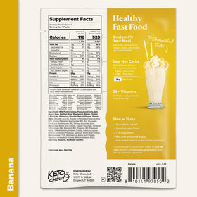 Keto Chow banana meal shake packaging close-up with branding.