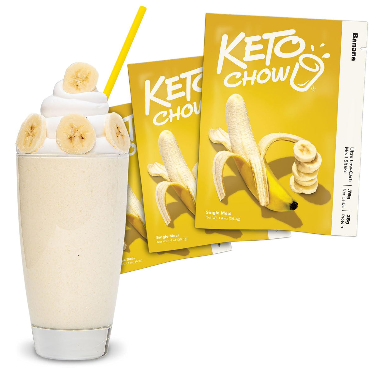 Keto Chow banana meal shake powder tub for quick, protein-rich meals.