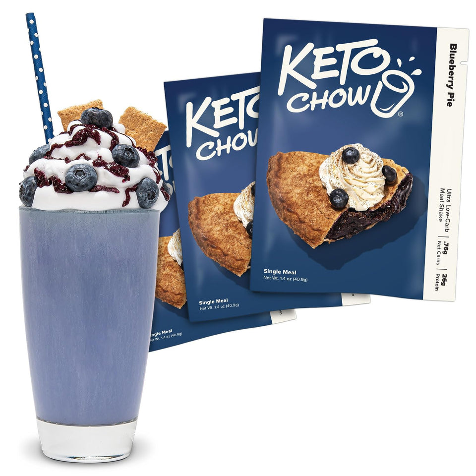 Keto Chow Blueberry Pie powder tub for convenient keto meals.