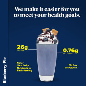 Keto Chow Blueberry Pie shake in glass, ready for on-the-go keto.