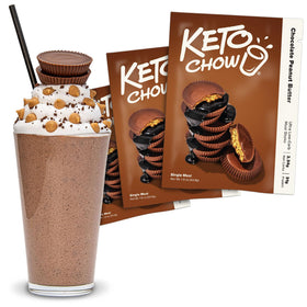 Keto Chow Chocolate Peanut Butter bottle pour shows easy, low-carb serving for keto-friendly meals.