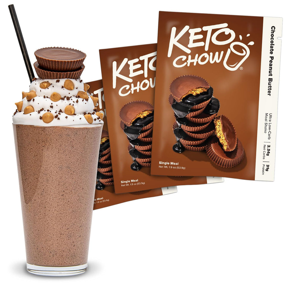 Keto Chow Chocolate Peanut Butter bottle pour shows easy, low-carb serving for keto-friendly meals.