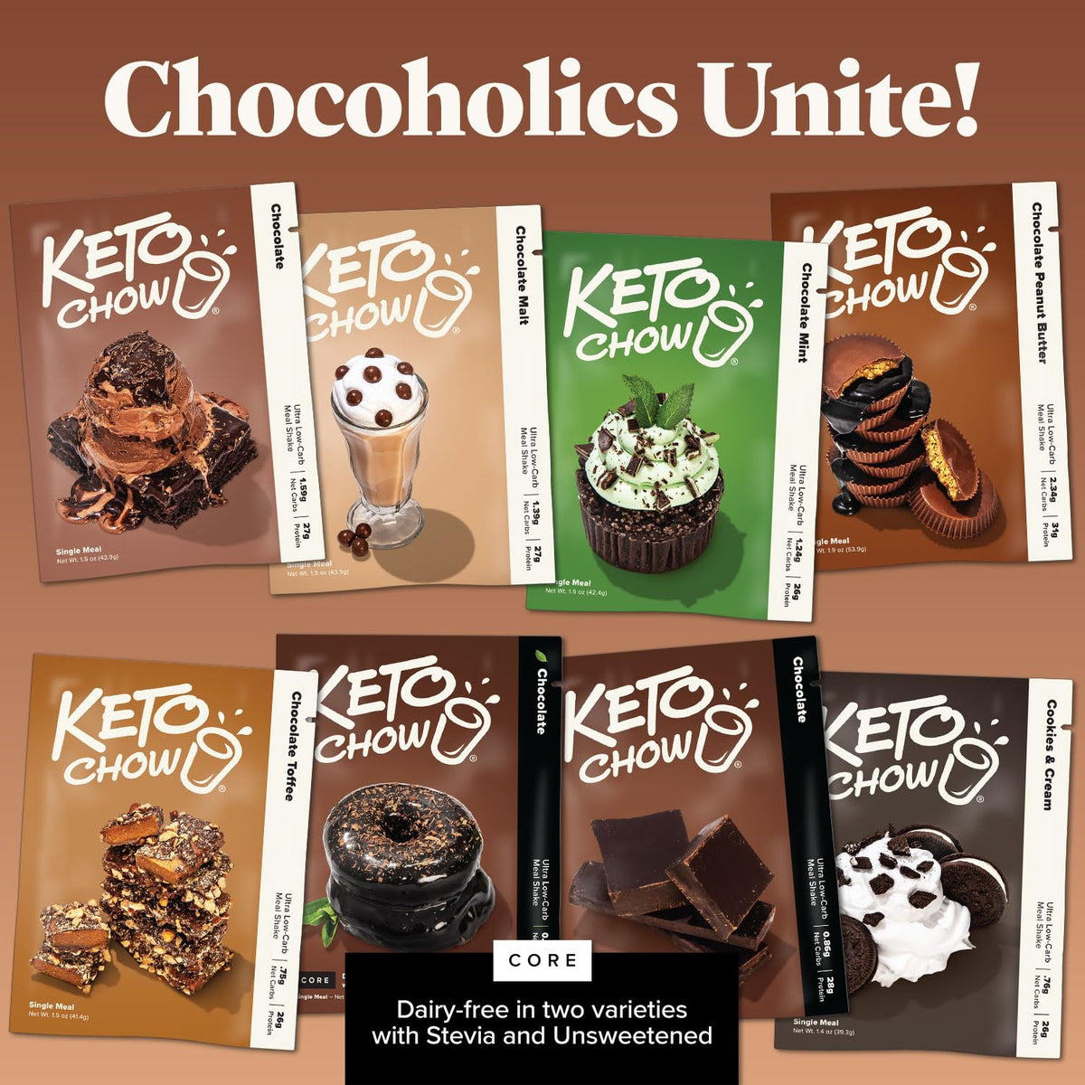 Keto Chow Chocolate Peanut Butter nutrition label highlights macro details.