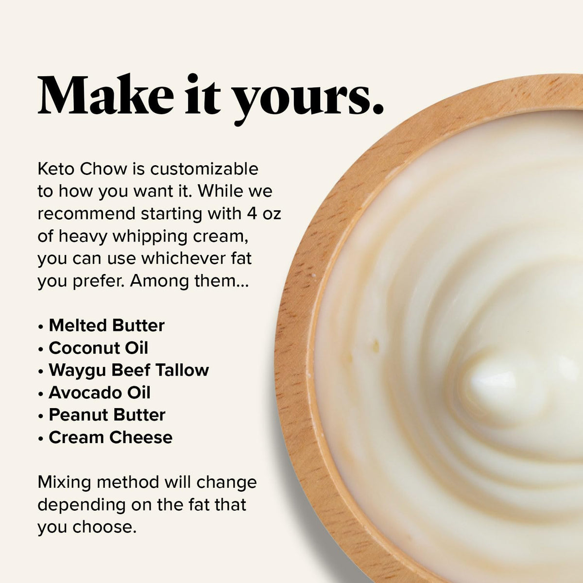 Keto Chow Cookies & Cream ingredients view — customizable with added fats.