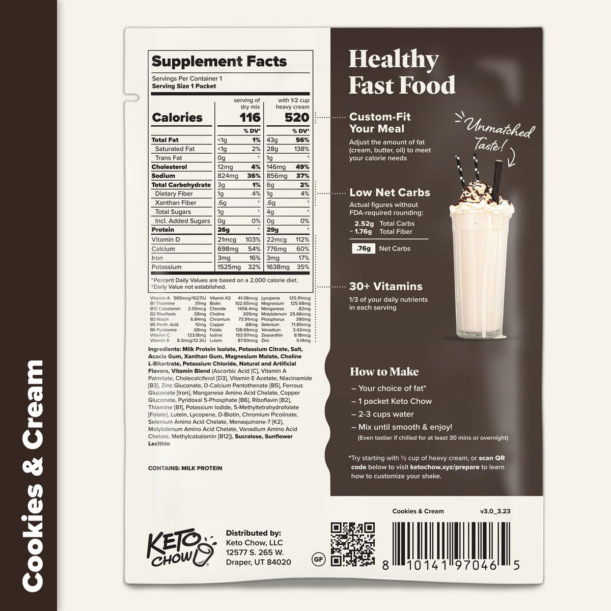 Keto Chow Cookies & Cream packaging — convenient single-serve packaging.